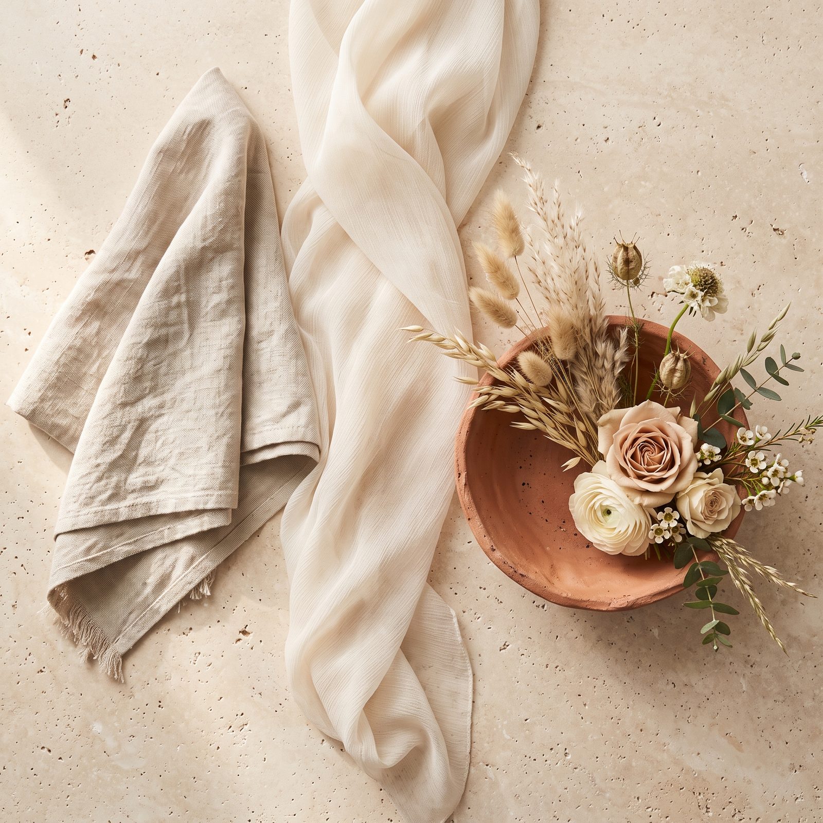 Nature morte : lin, voile et fleurs séchées