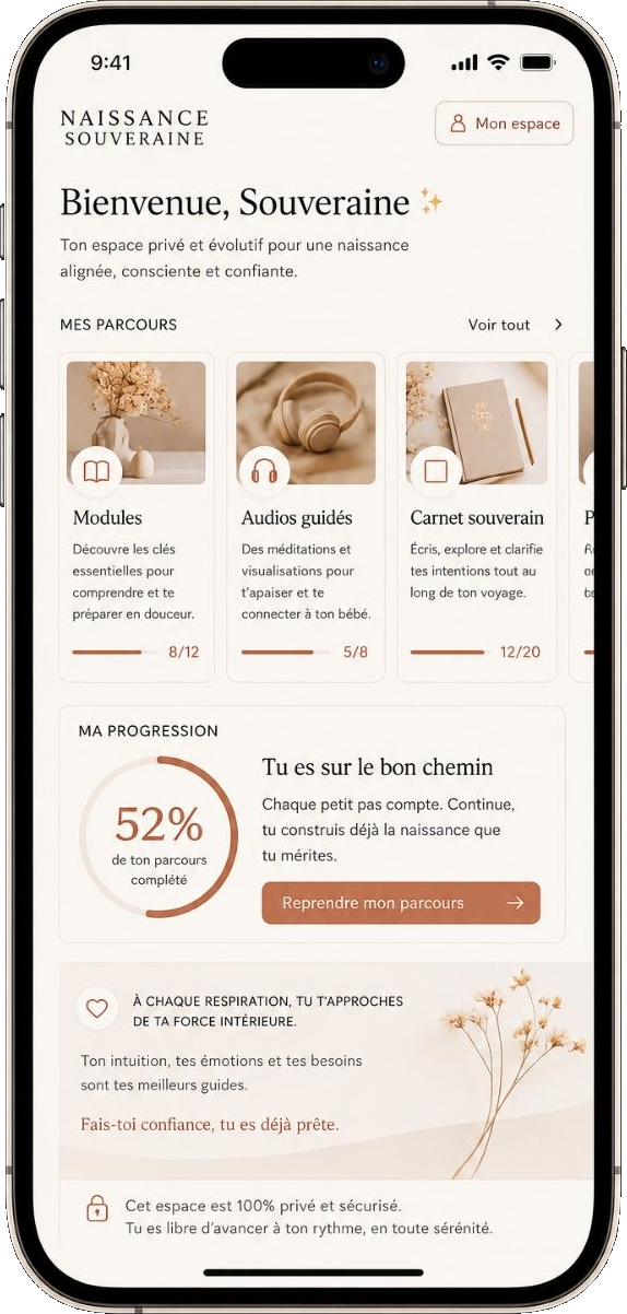 Plateforme Naissance Souveraine affichée sur iPhone